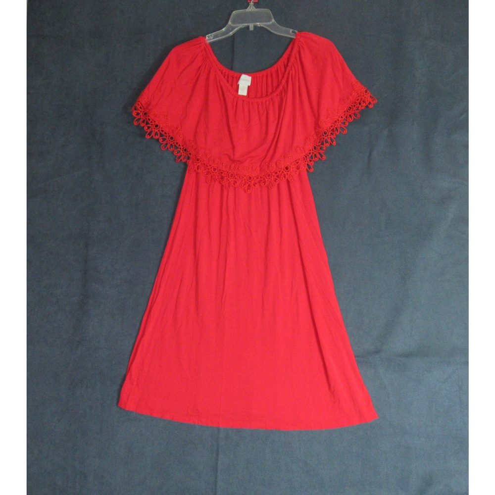Chicos Dress Womens Size 1 Red Orange Off Shoulder Crochet Romantic Cottagecore